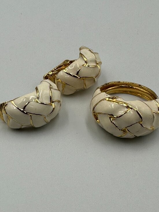 Kenneth Jay Lane Jewelry - Vintage Kenneth Jay Lane Jewelry Set Gold Tone Cream Ring Clip-On Earrings